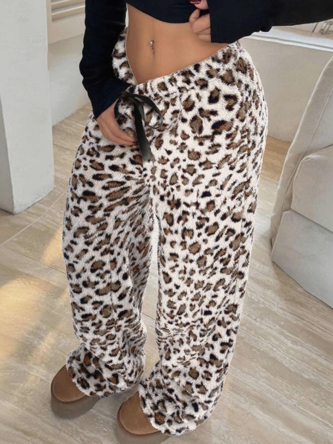 Leopard Print Fuzzy Wide Leg Pants with Drawstring Waist