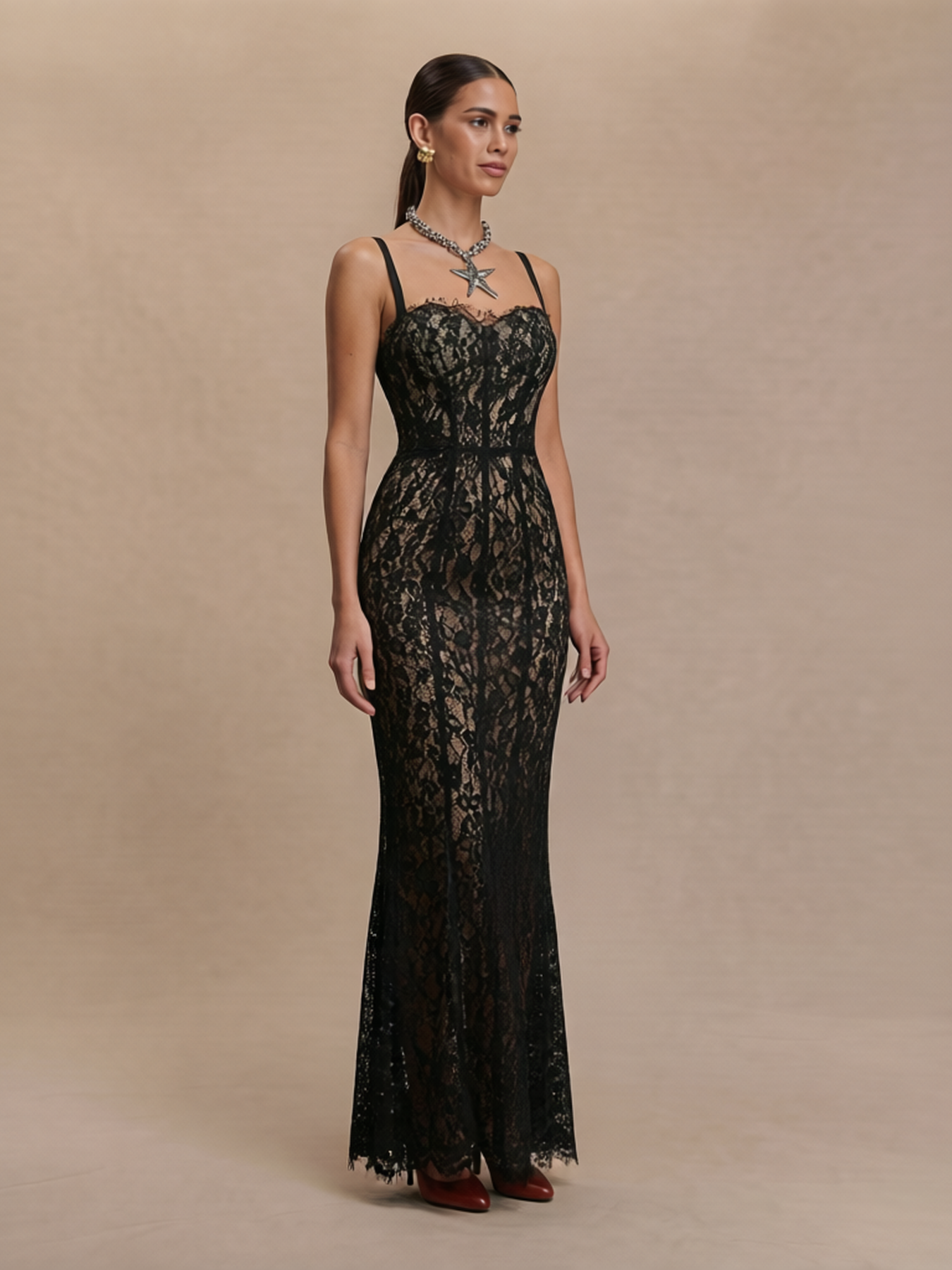 Sheer Floral Lace Mermaid Maxi Dress