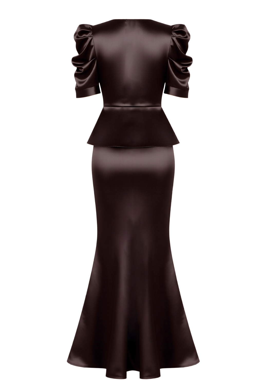 2026 Spring Summer Deep Mocha Satin Tailored Suit Set - Vintage-Inspired Bubble Sleeves, Double-Breasted Waist & Fishtail Midi Skirt-Aetheryn