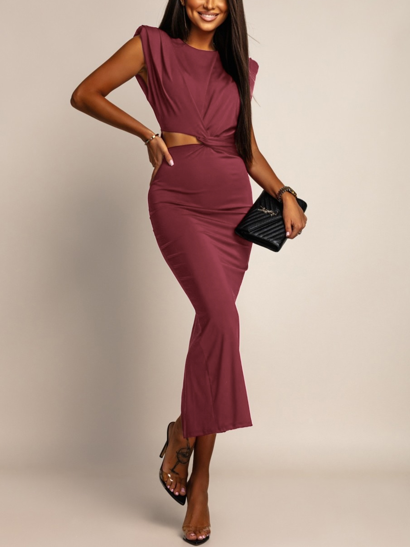 Woman's Burgundy Sleeveless Twist Cutout Waist Bodycon Midi Dress