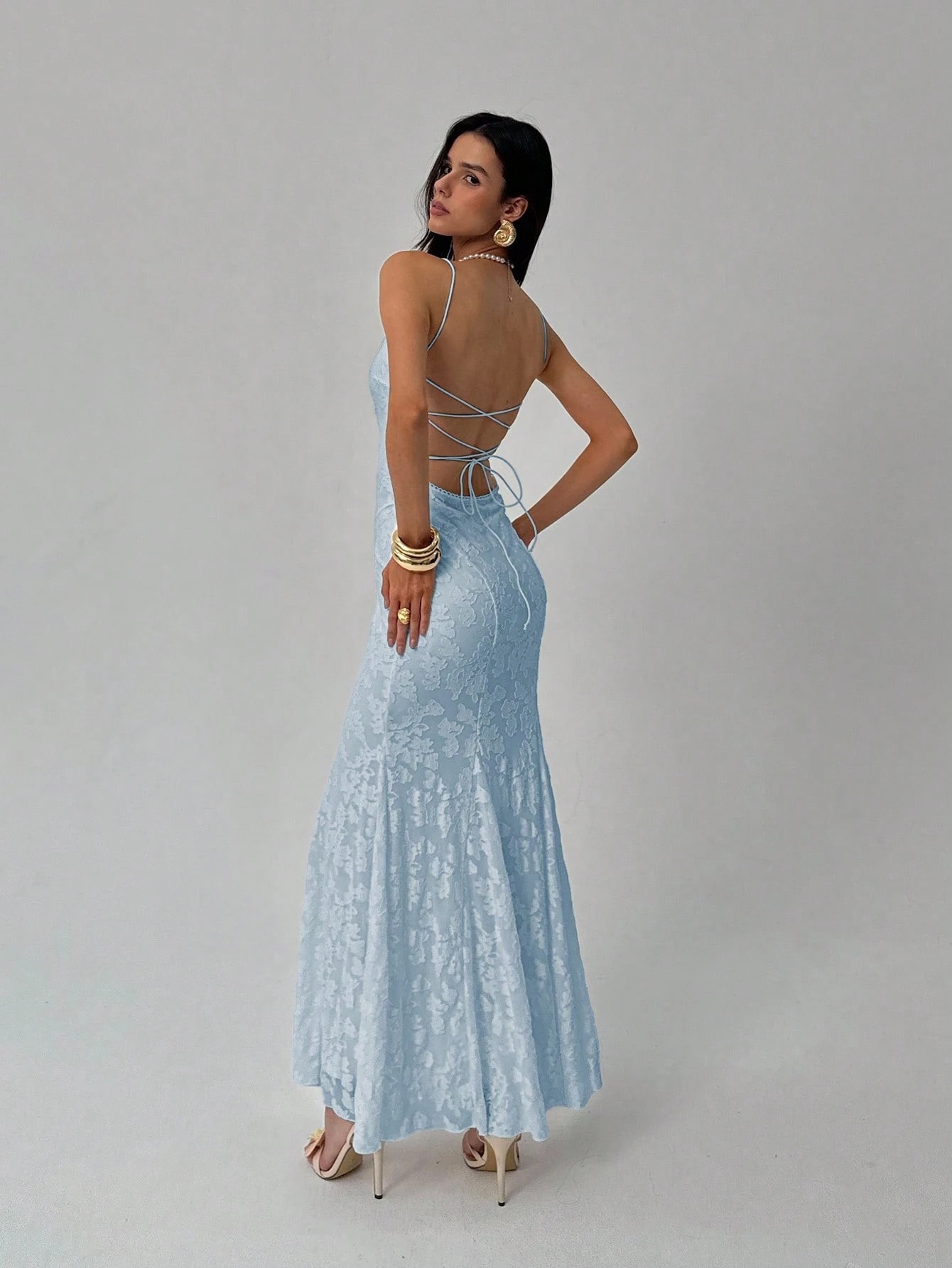 Light Blue Jacquard strap dress, slim fish tail dress, engagement dinner party temperament elegant dress-Aetheryn