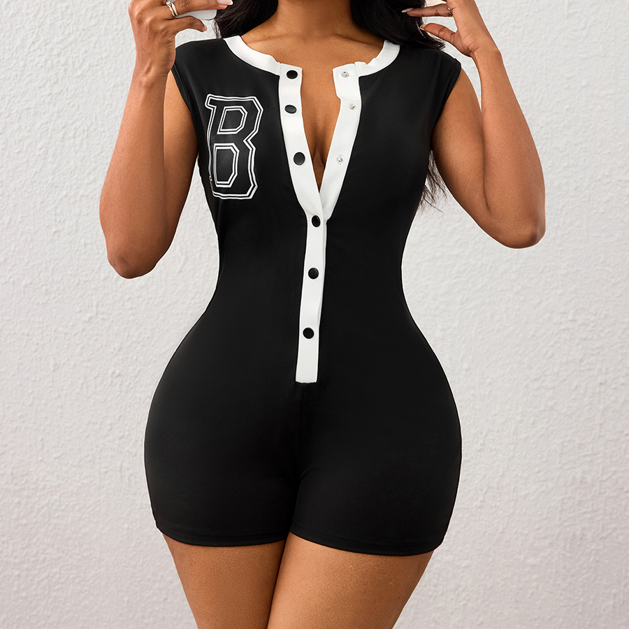 Women's Black and White Contrast Button - Front Sleeveless Romper with Letter "B" Print