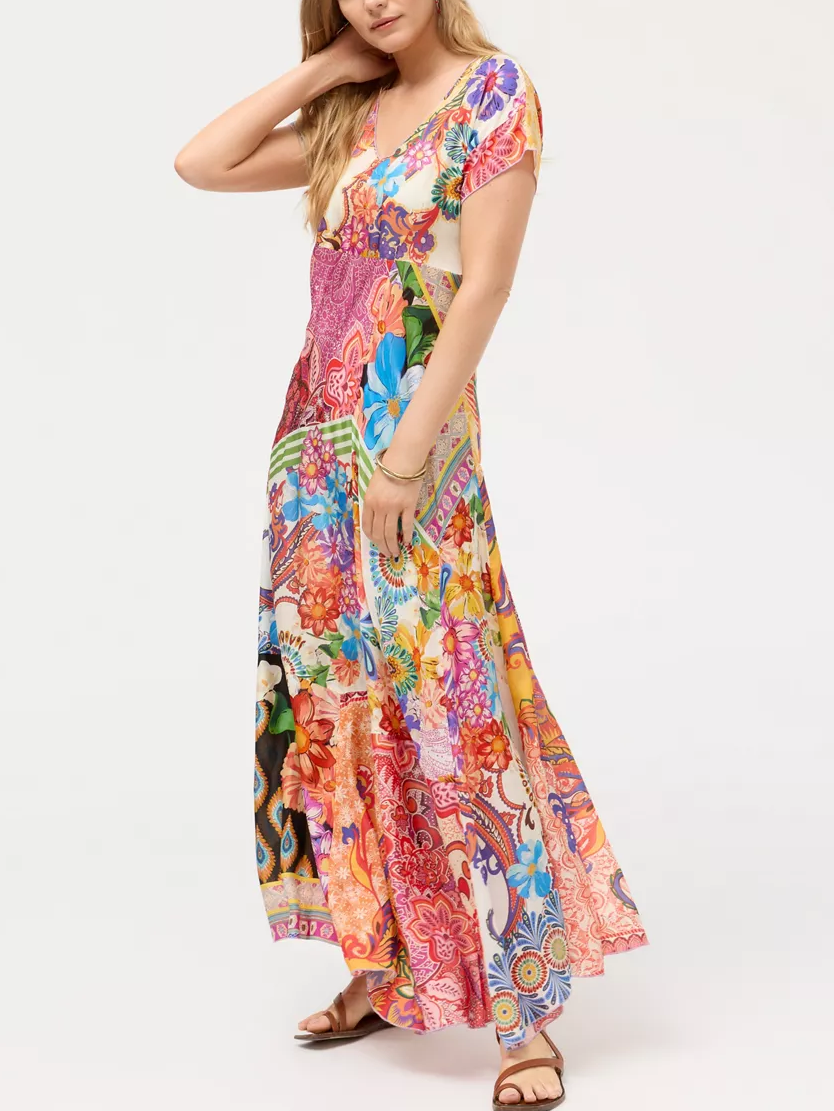 Boho Patchwork Print V-Neck Flutter Sleeve Maxi Dress