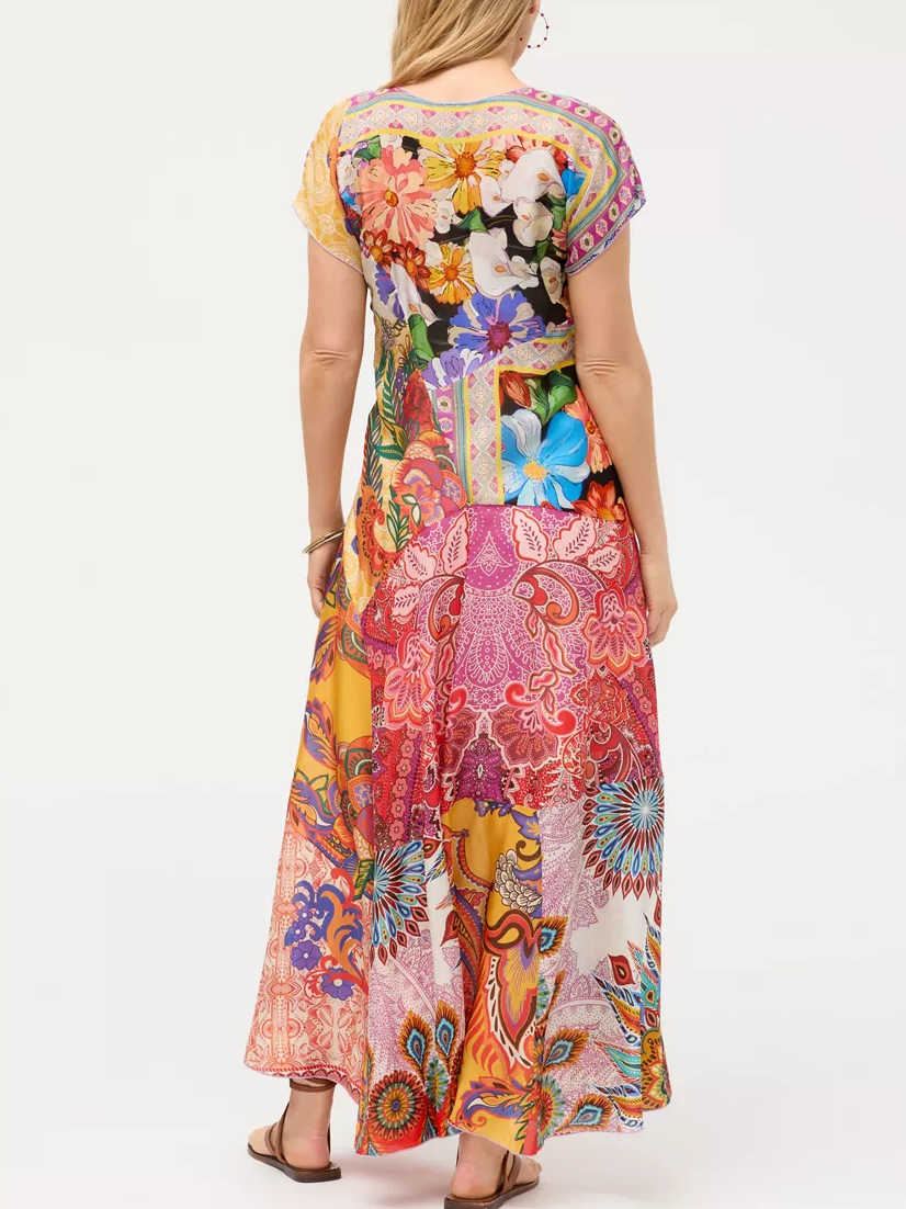 Boho Patchwork Print V-Neck Flutter Sleeve Maxi Dress