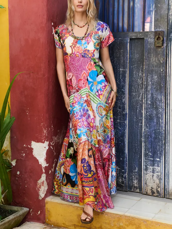 Boho Patchwork Print V-Neck Flutter Sleeve Maxi Dress