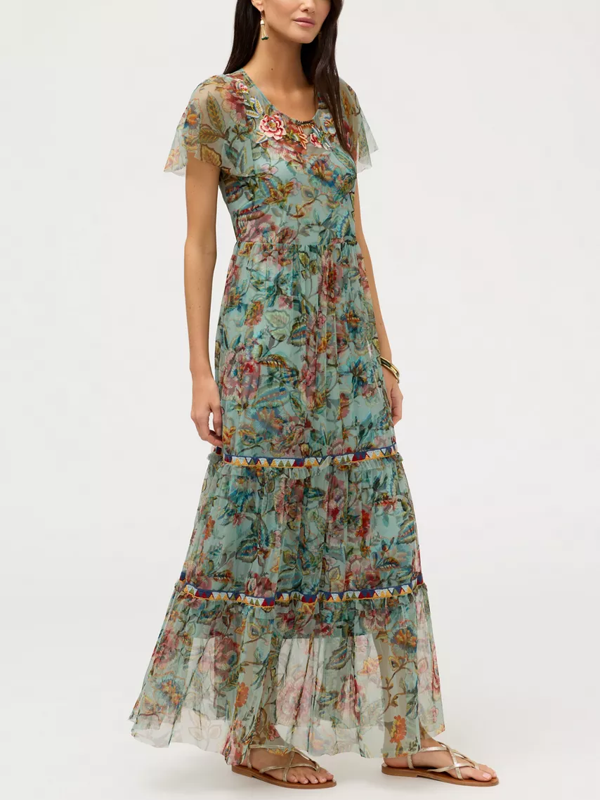 Boho Floral Embroidered Tiered Mesh Maxi Dress
