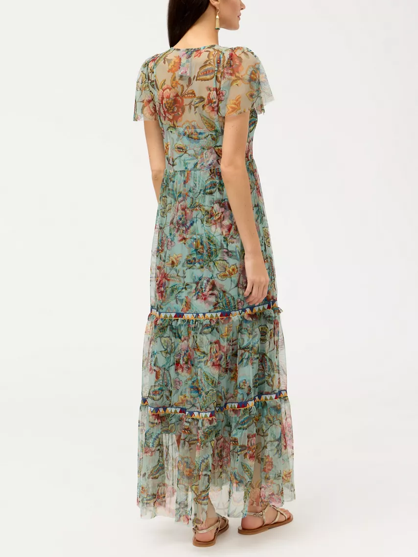 Boho Floral Embroidered Tiered Mesh Maxi Dress