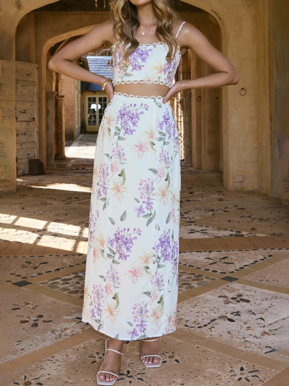 Faux Linen Boho Floral Lace Trim Two Piece Set