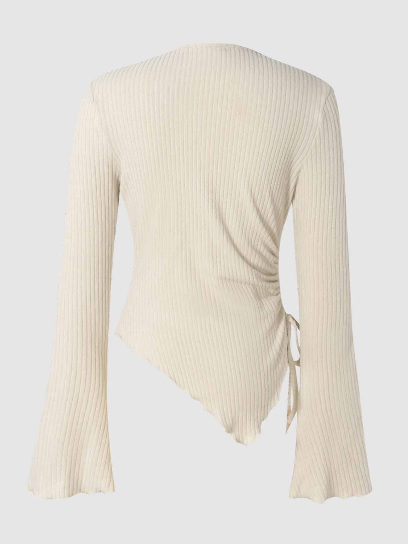 Y2K Cream Ribbed Cowl Neck Side Tie Asymmetrical Hem Top