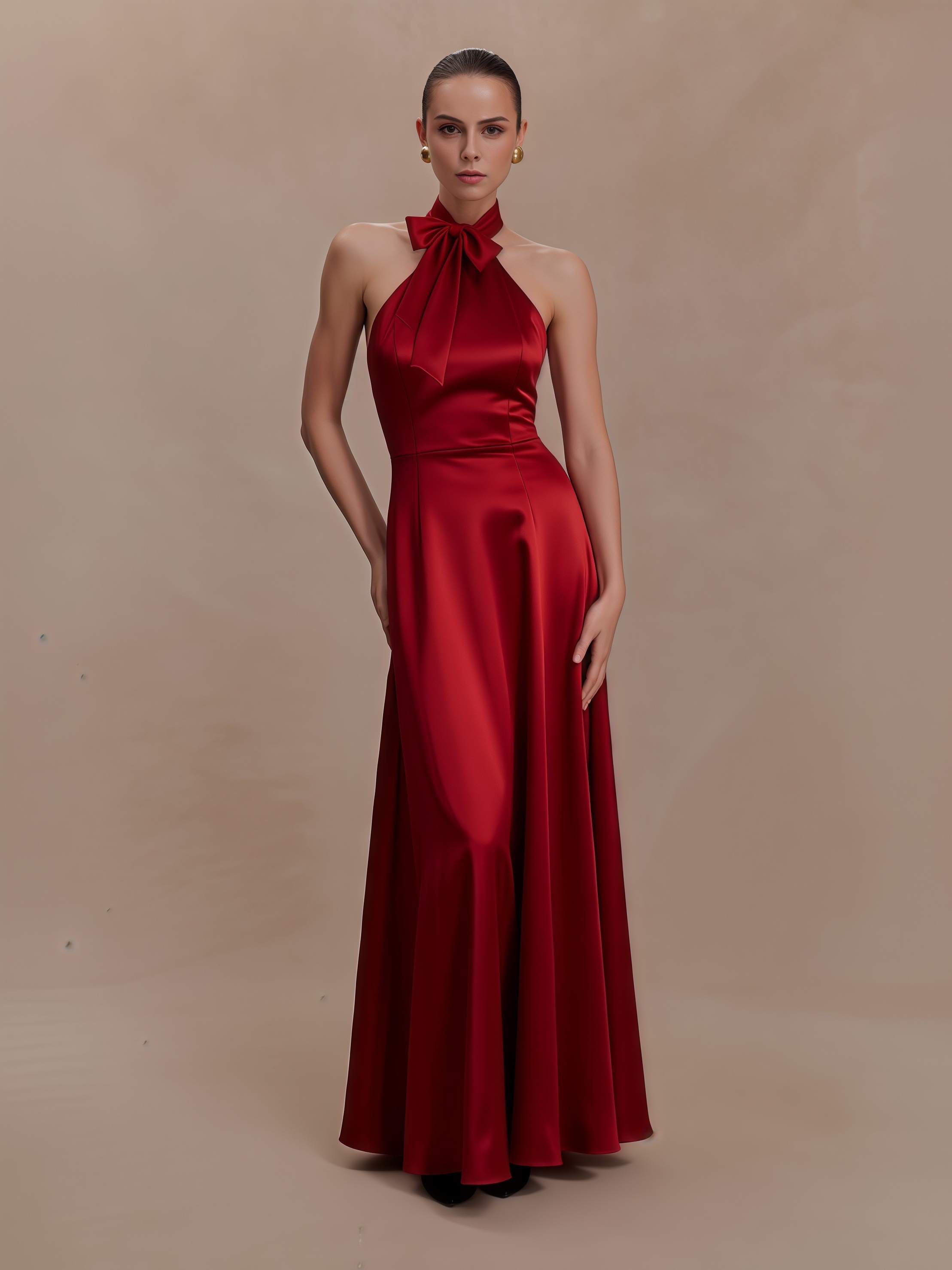 2026 Spring Summer Burgundy Satin Halter Formal Dress : Bow Tie Backless Maxi Sexy Dress