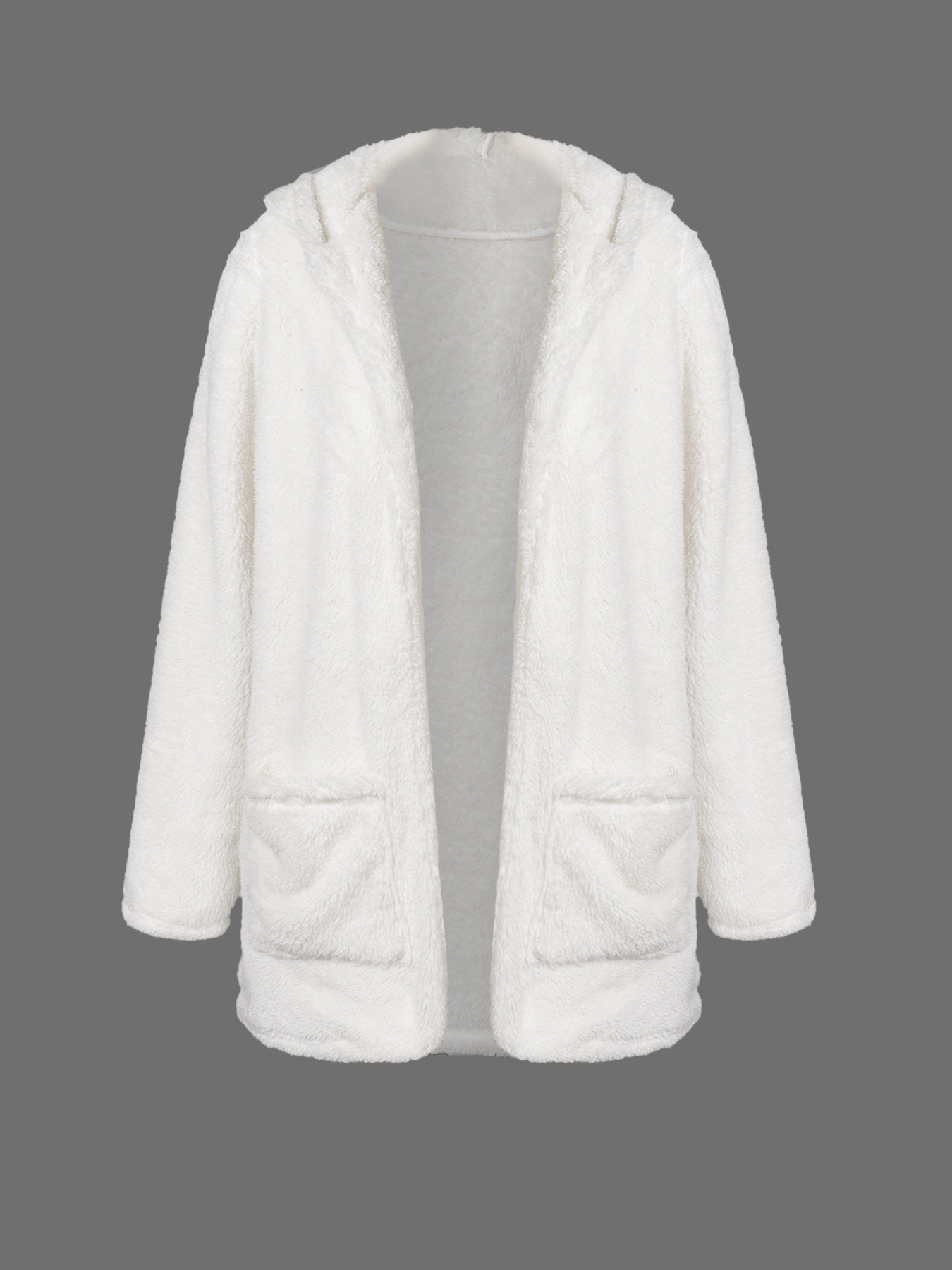 White hooded fleece cardigan Women‘s loose medium-length thermal jacket