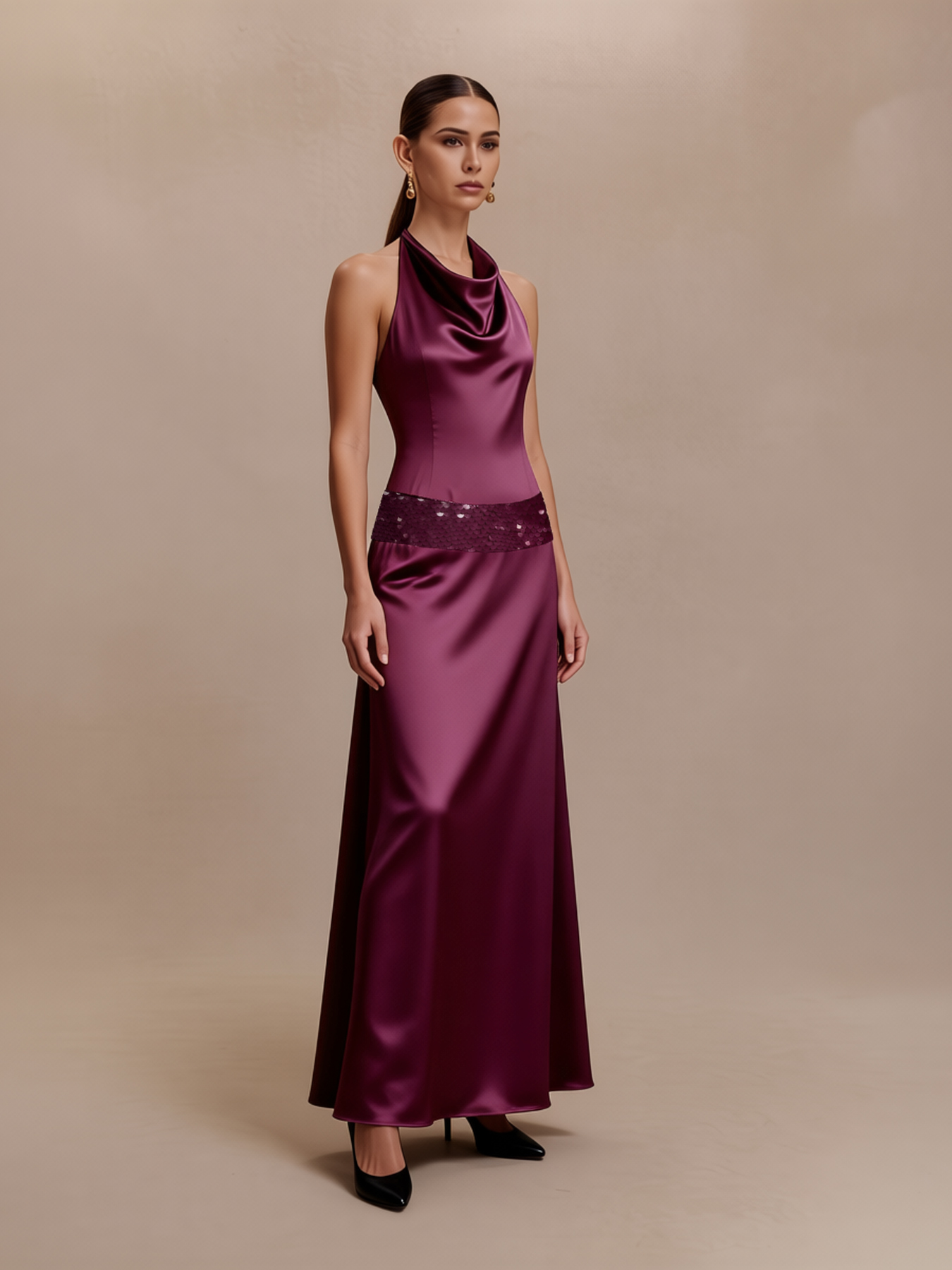 Wine red satin neck dress woman, sequin waist dress, dinner party wedding temperament elegant fishtail skirt-Aetheryn