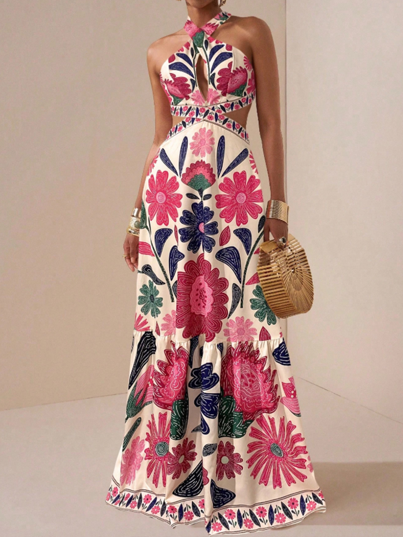 Women in flowered, neck-hanging dresses, cut-out, low-waisted, flowing dresses, holiday party dresses