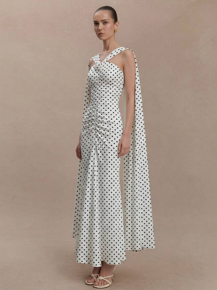 Elegant Hepburn Style Polka Dot Maxi Dress - Halter Neck, Off-Shoulder Sleeves & Shirred Waist