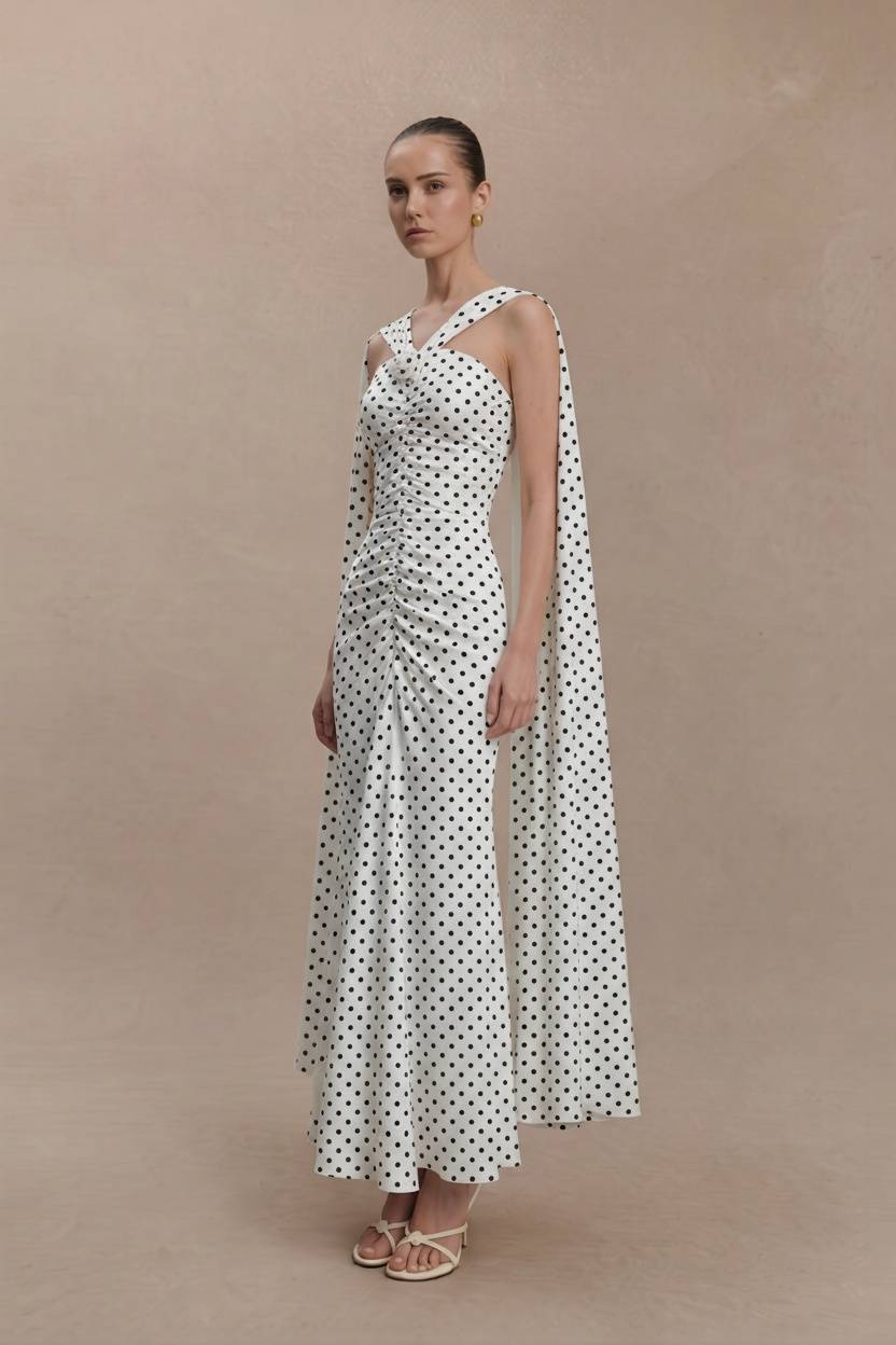 2026 Spring Summer Vintage Hepburn Style Polka Dot Maxi Dress - Halter Neck, Off-Shoulder Sleeves & Shirred Waist-Aetheryn