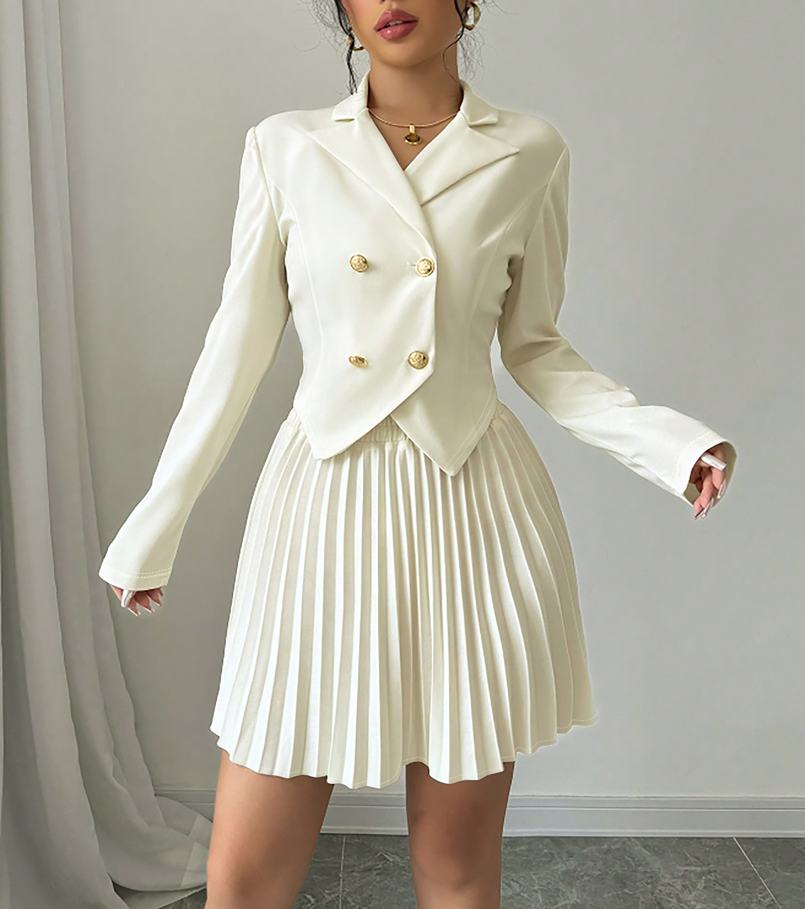 Women's White Double-Breasted Blazer and Pleated Mini Skirt Set
