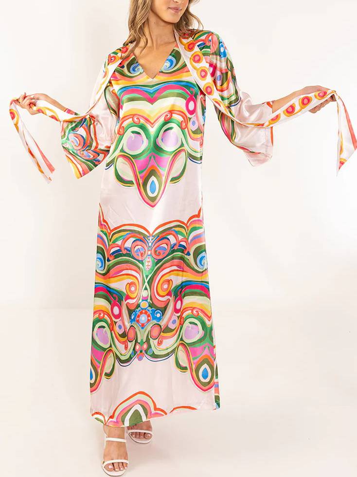 Retro Abstract Print Satin Maxi Dress