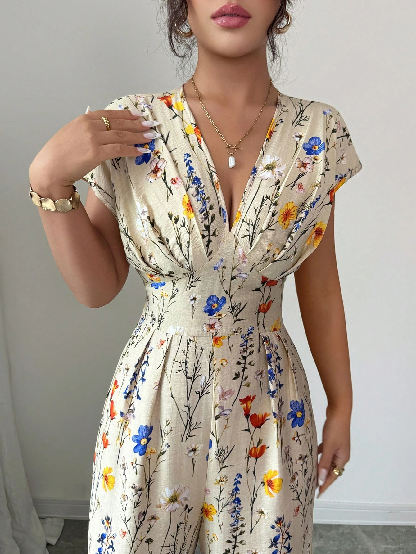 Vacation V-Neck Waist Cinching Apricot Printed Jumpsuit