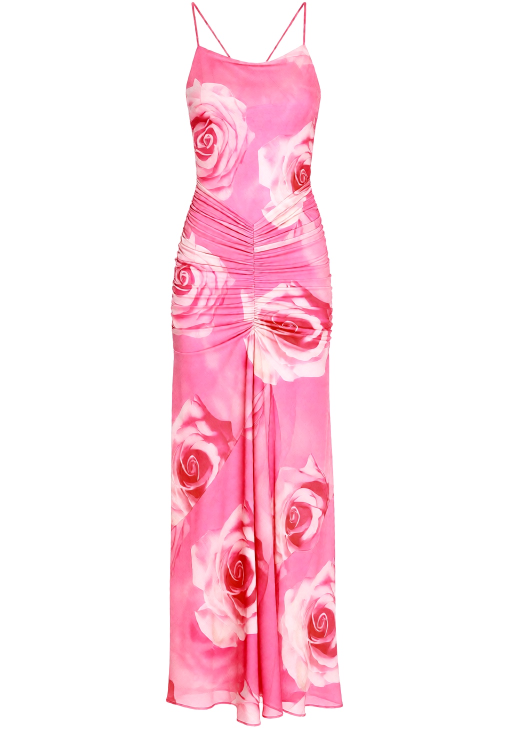 2026 Spring Summer Show-Stopping Magenta Rose Print Maxi Dress - Criss-Cross Open Back & Gathered Waist