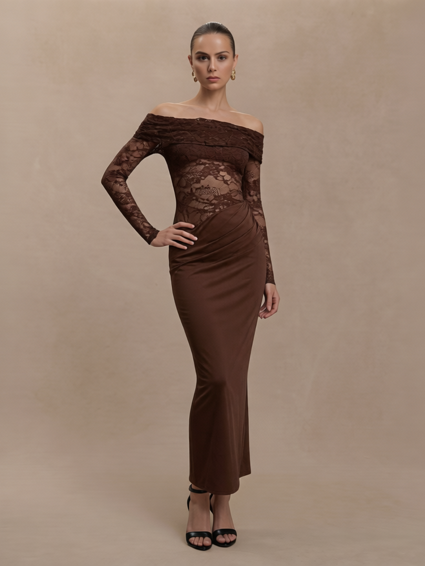 Woman's Chocolate Brown Off-Shoulder Lace Long Sleeve Bodycon Maxi Dress