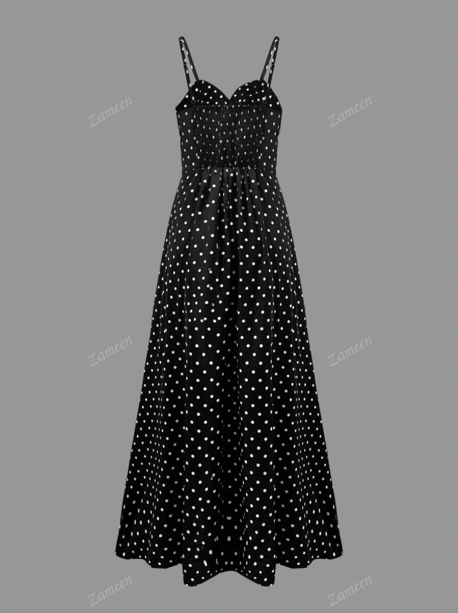 Women's Black White Polka Dot Spaghetti Strap Fit & Flare Midi Dress-Aetheryn