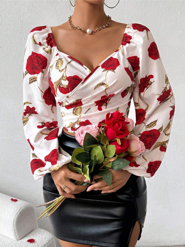 Women's Off-Shoulder Rose Print Long Sleeve Crop Top
