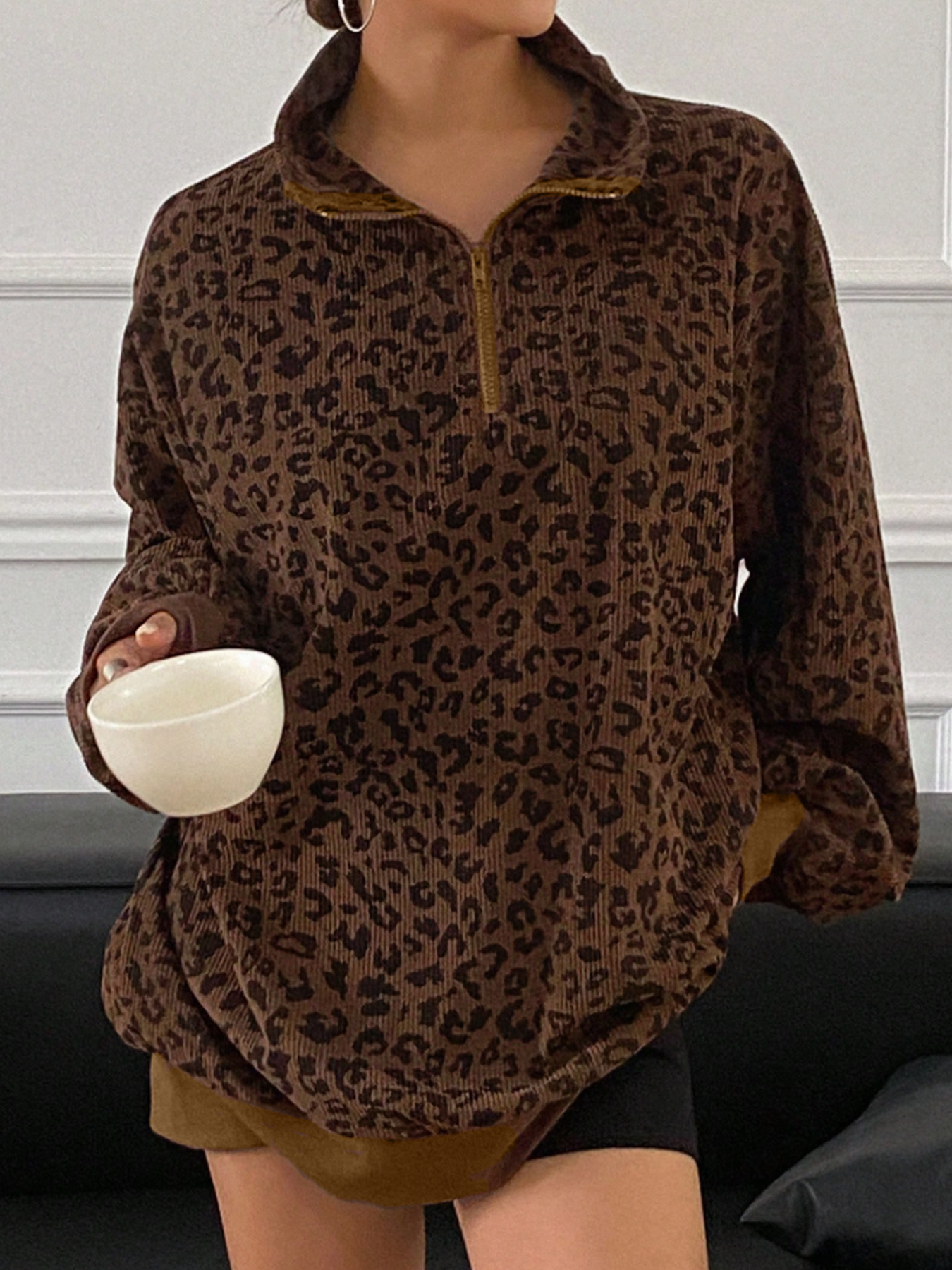 Women's Leopard Half-Zip Collared Sweatshirt