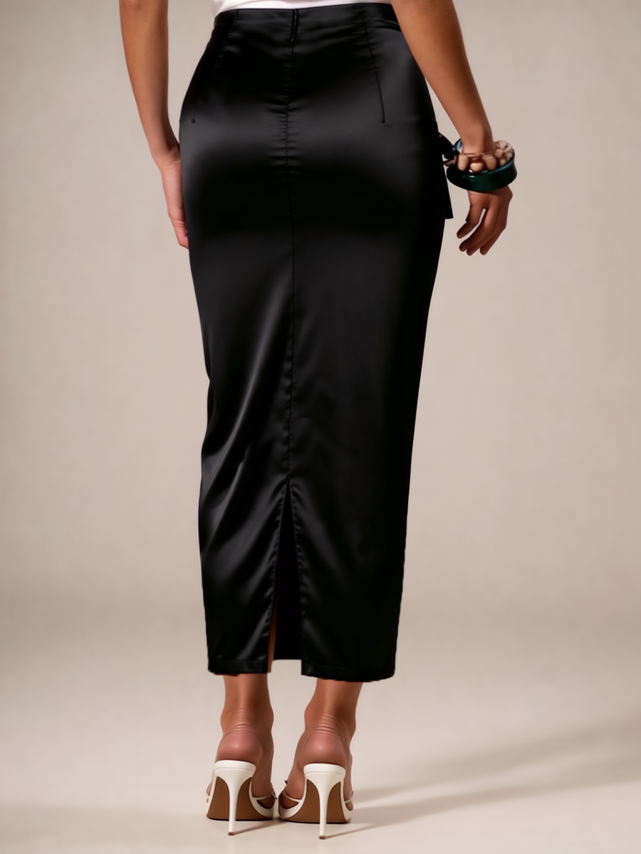 Women's Black Satin Midi Skirt - Ruched Detail & Back Slit