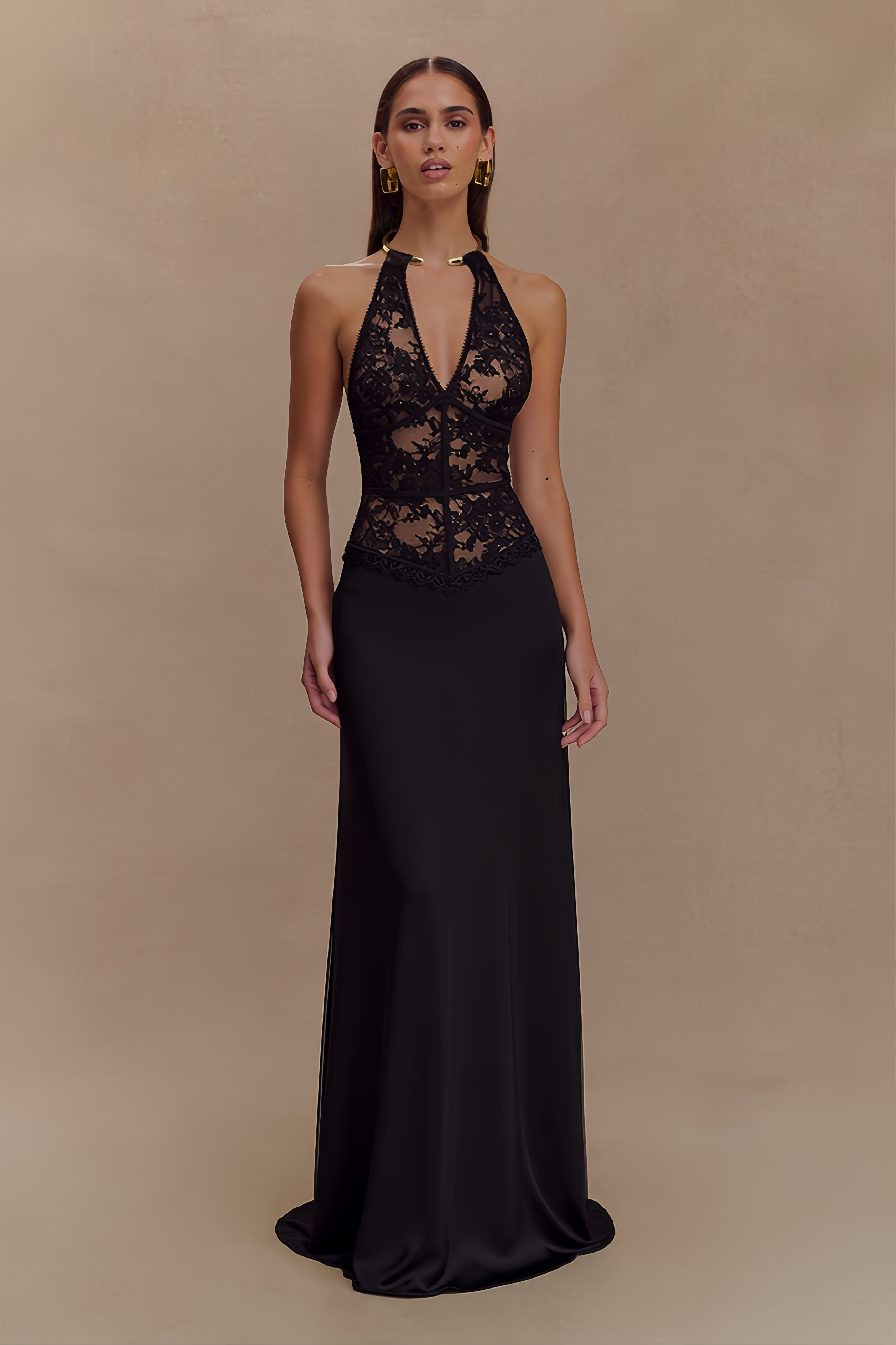 Halter Neck Keyhole Lace Corset Backless Mermaid Maxi Dress