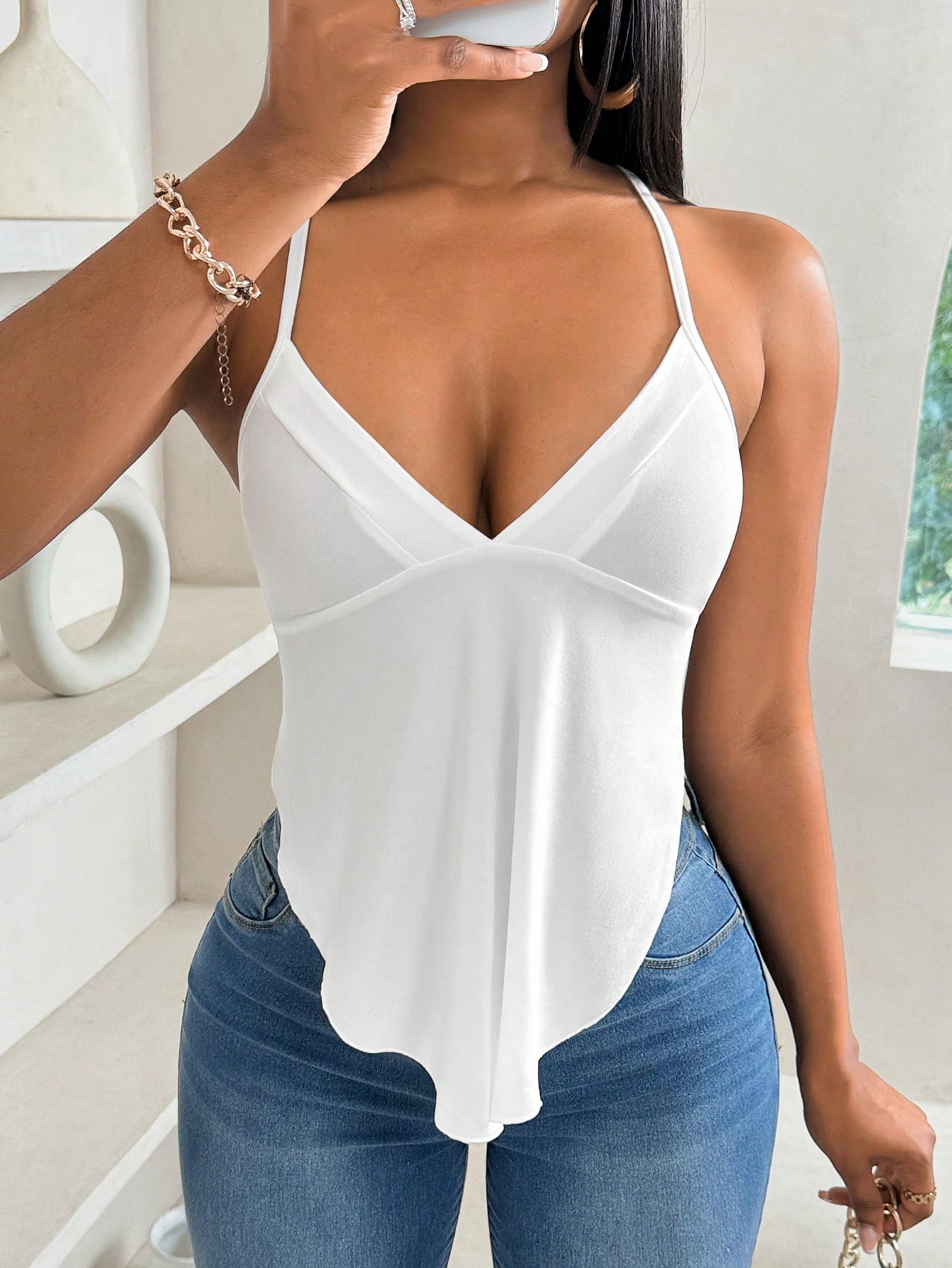 Women's White Deep V - Neck Asymmetric Hem Cami Top
