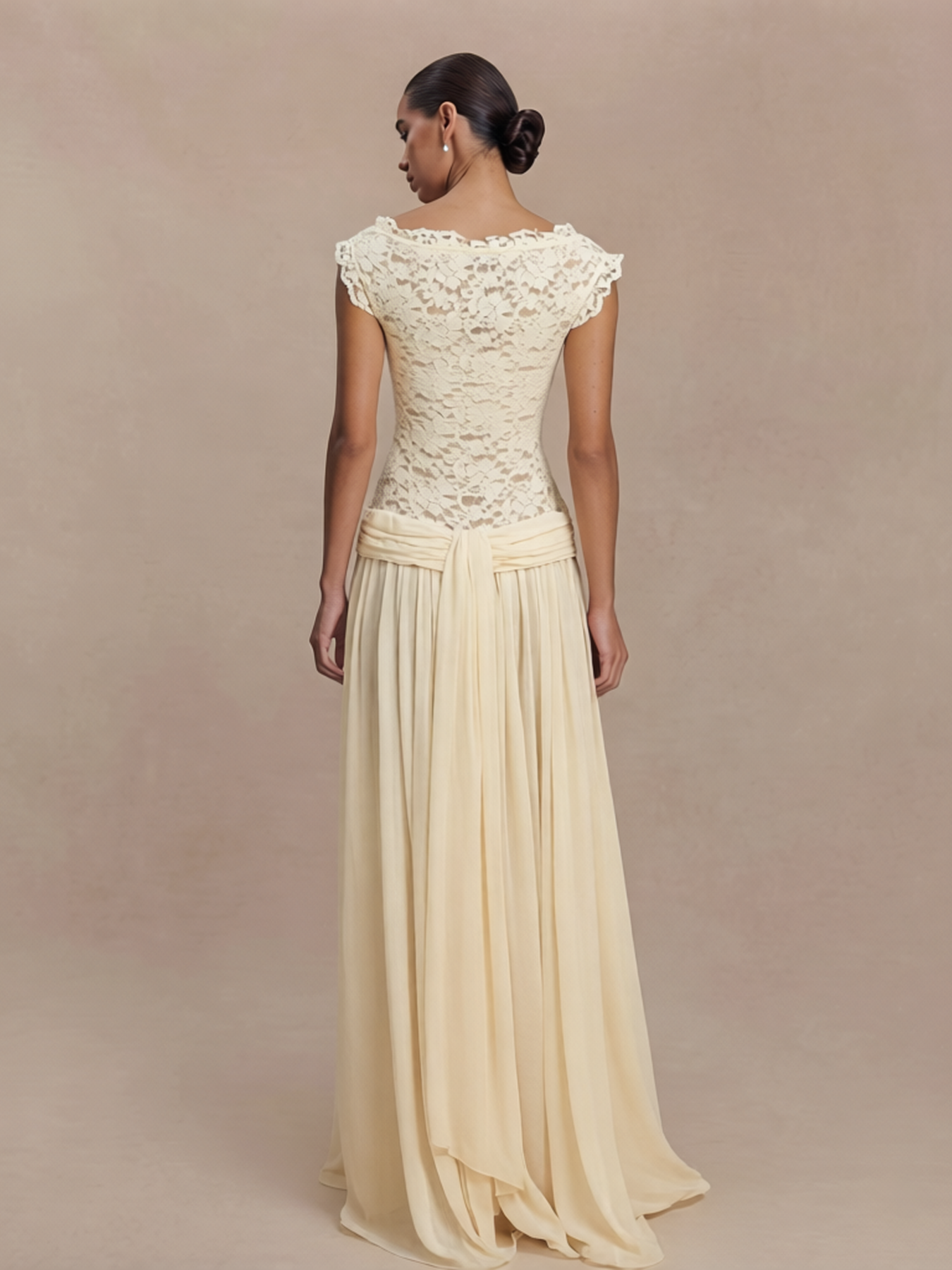 French Retro Style V-Neck Flutter Sleeve Lace Pane Maxi Dress