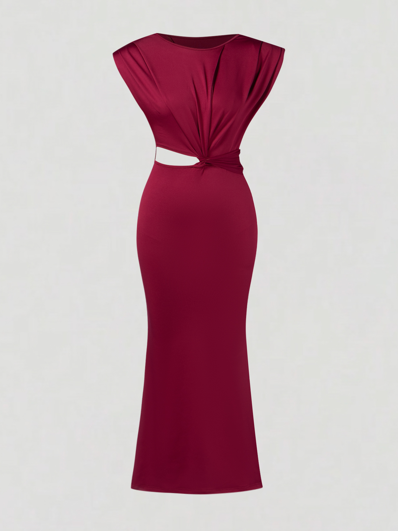 Woman's Burgundy Sleeveless Twist Cutout Waist Bodycon Midi Dress