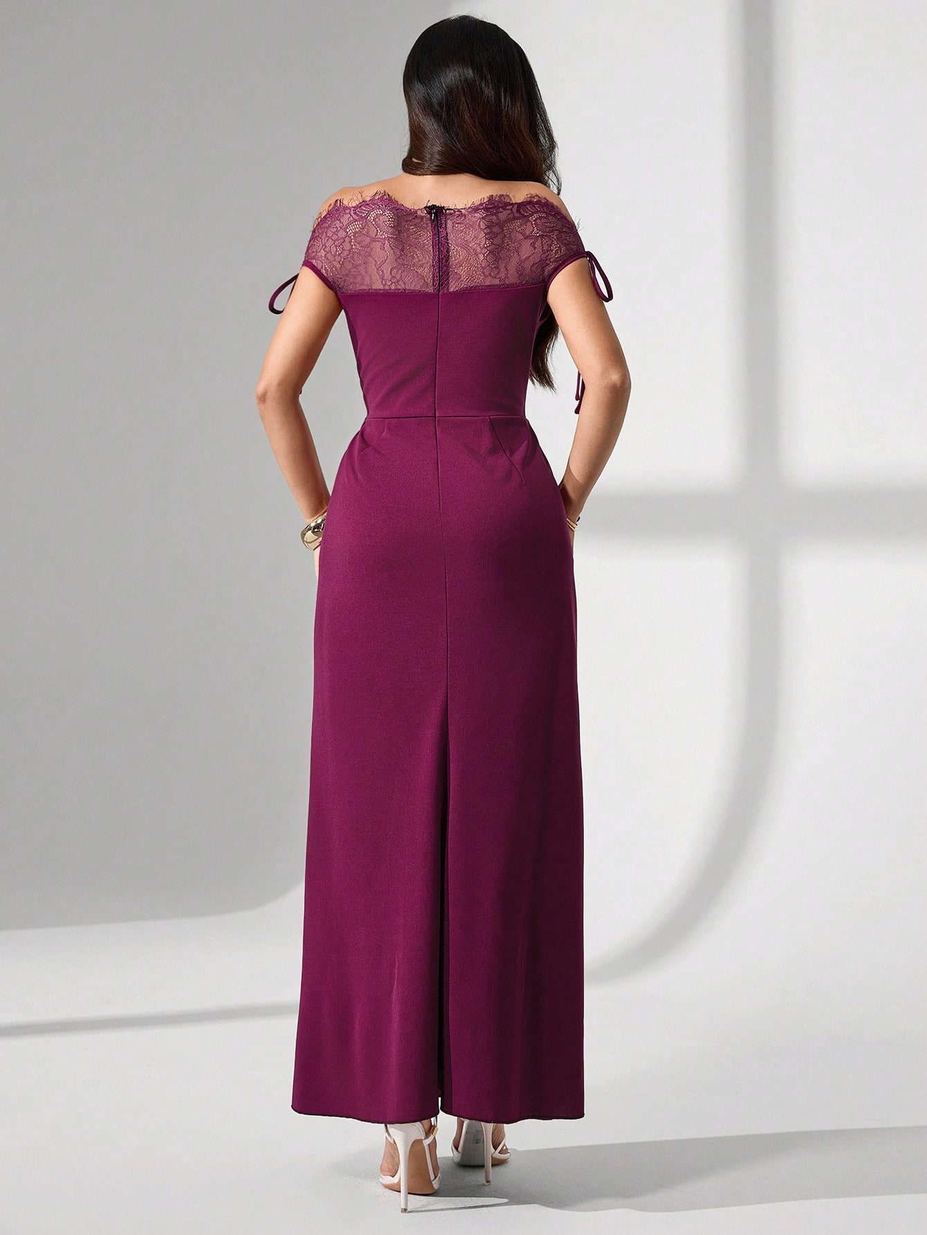 Woman's Plum Lace Off-Shoulder Tie-Detail Mermaid Maxi Dress