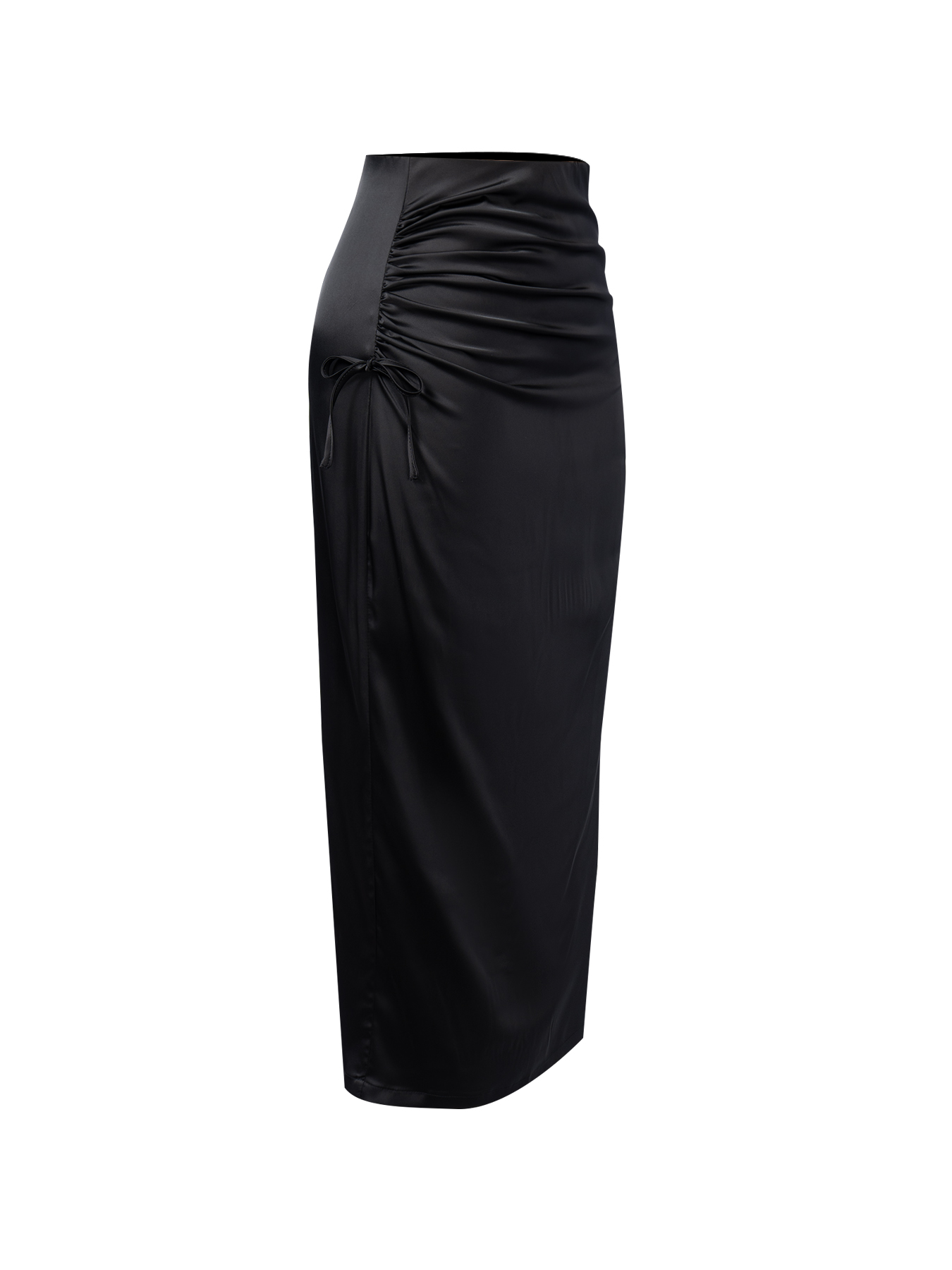 Women's Black Satin Midi Skirt with Ruched Detail and Back Slit