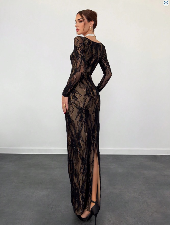 Woman's Black Lace Deep V Long Sleeve Bodycon Maxi Dress