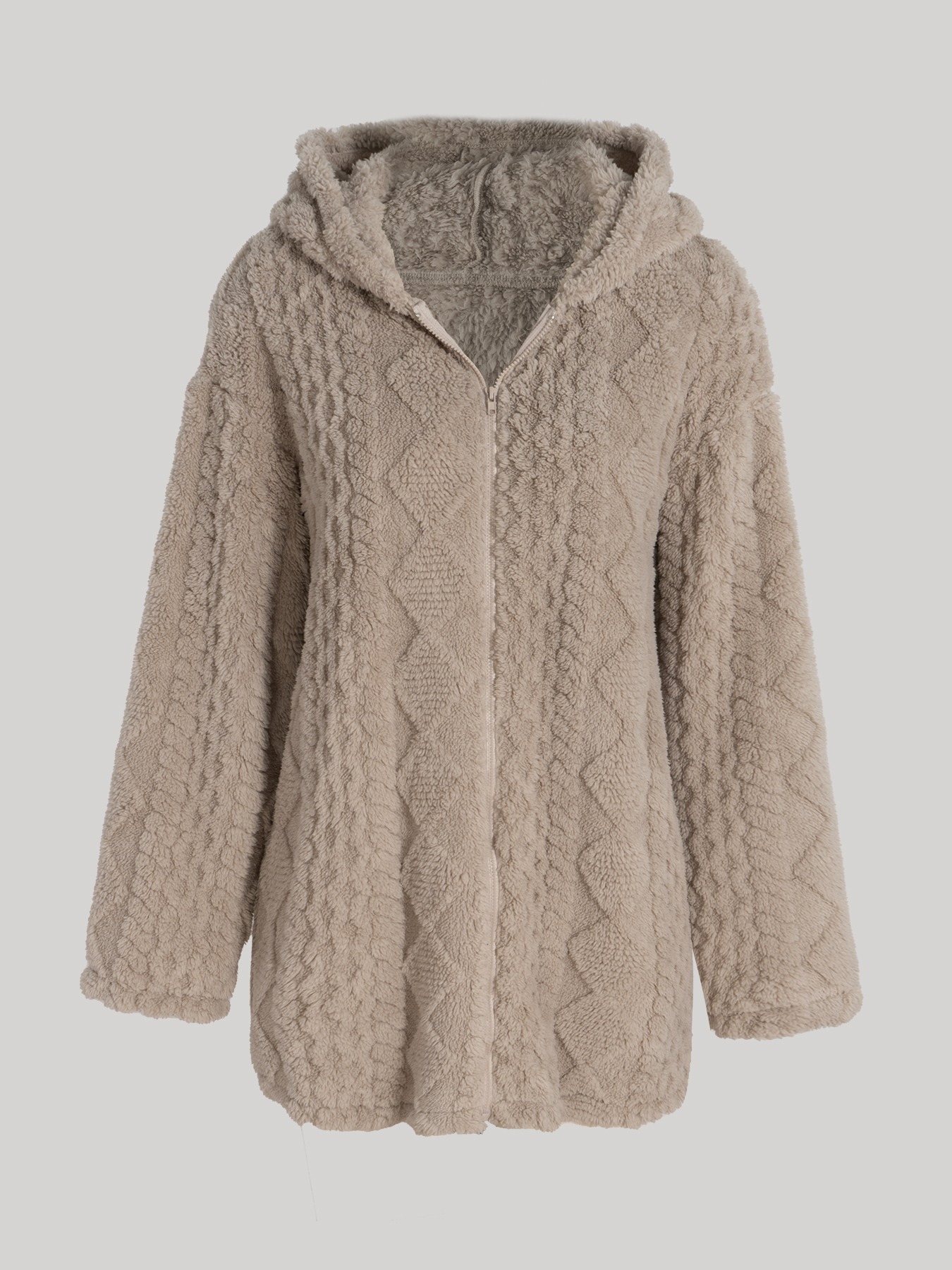 Khaki hooded fleece jacket for women Printed loose medium-length coat