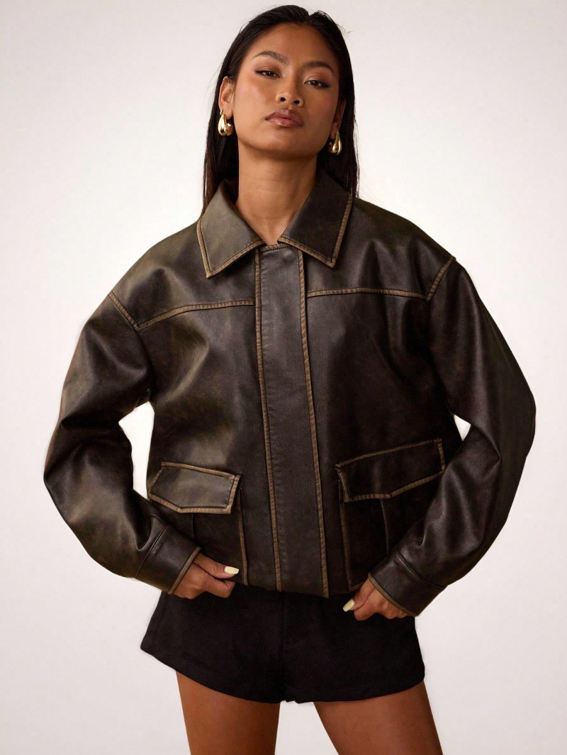 Woman's Vintage Workwear-Style Leather Classic Collar Contrast-Stitch Cropped Jacket