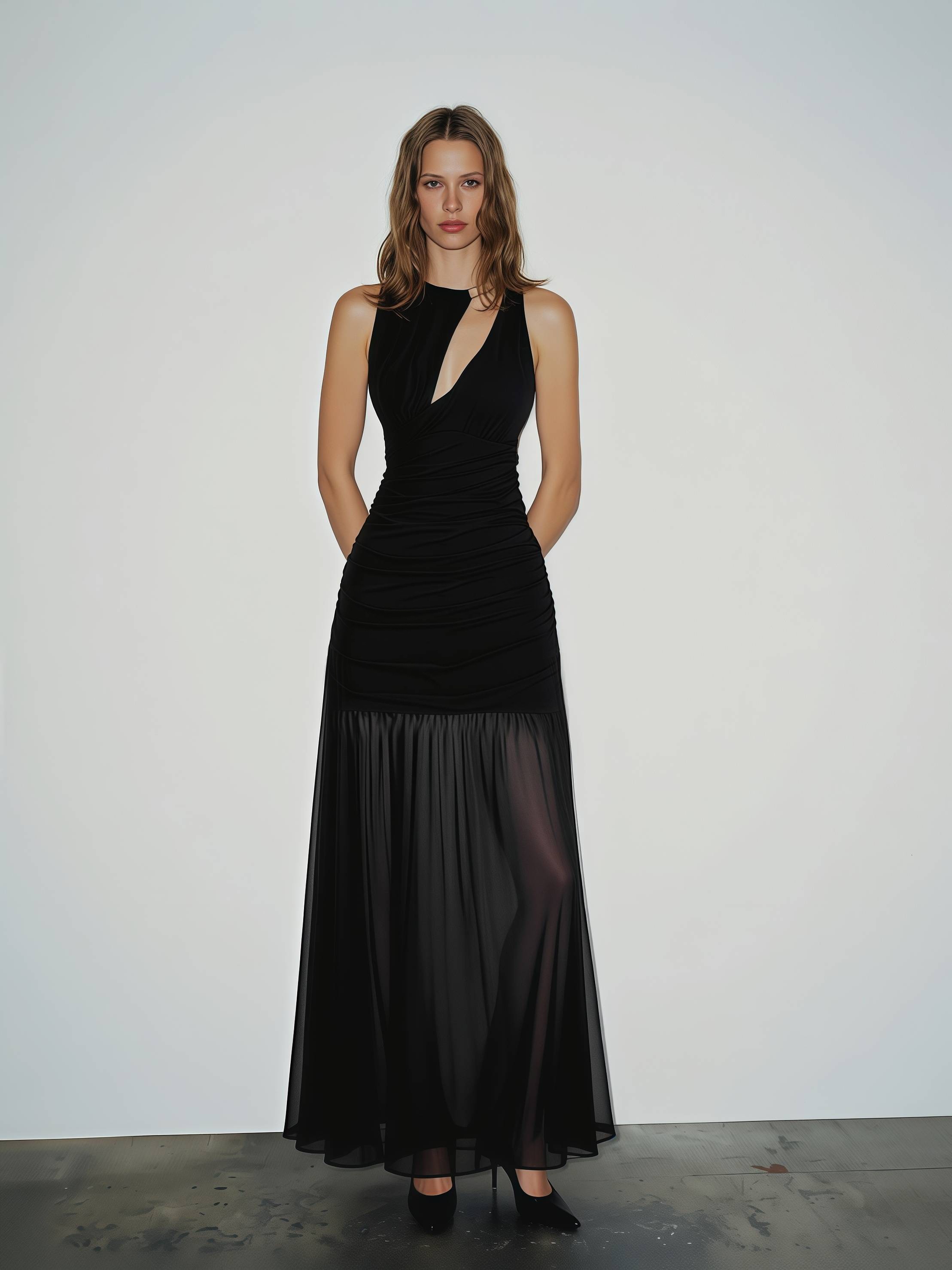 2026 Spring Summer Elegant Black Evening Gown - Sheer Mesh Panels & Gathered Halter Neck Maxi Dress