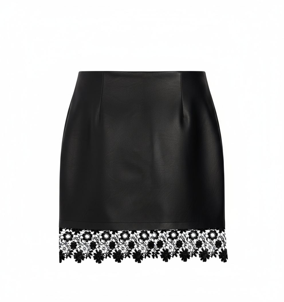 2026 Spring Summer Sexy Office Bodycon Mini Skirt - Asymmetrical Slit with Lace Splicing in Faux Leather-Aetheryn