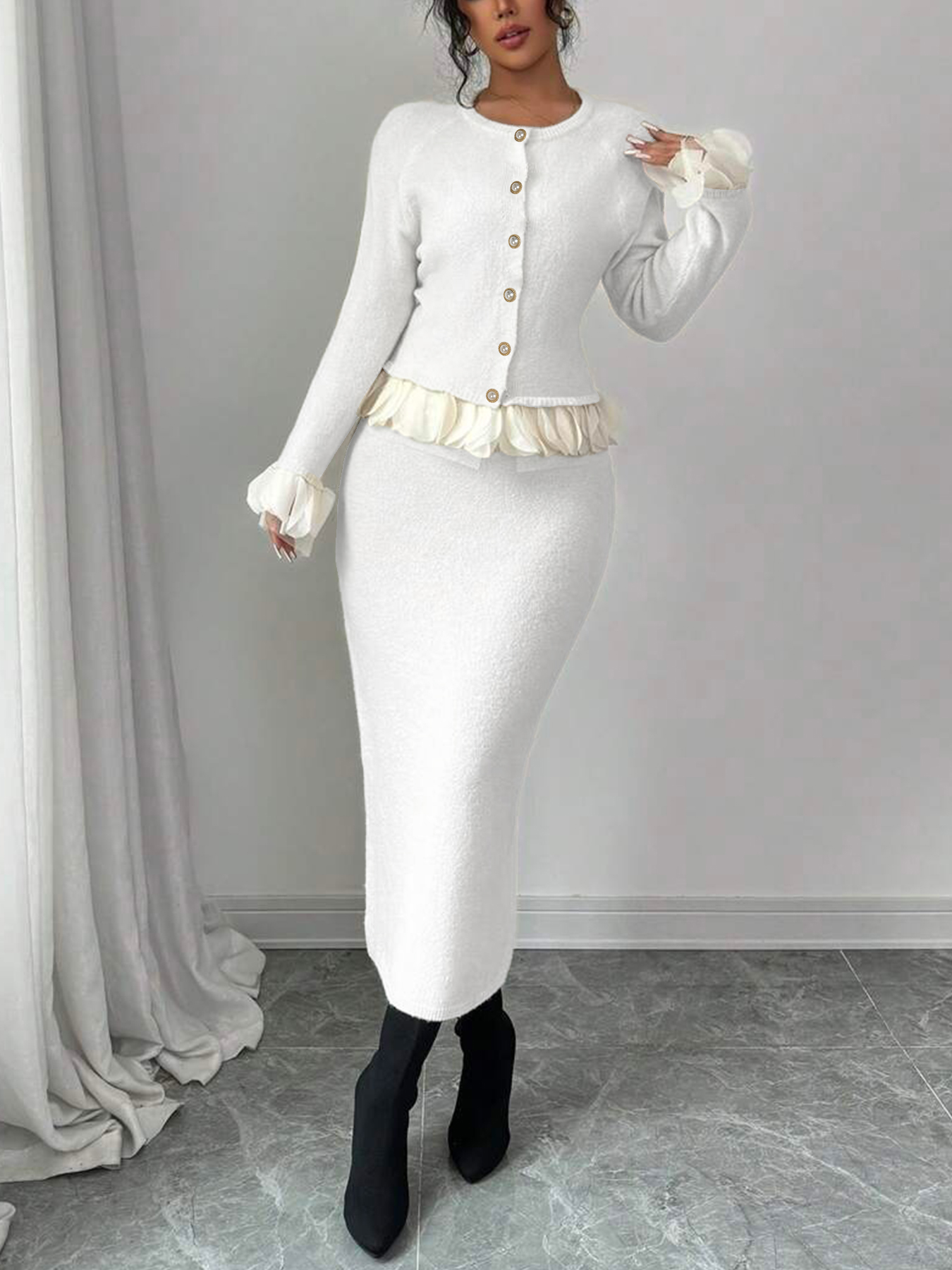 Women's White Knitted Cardigan with Gold Buttons, Ruffled Hem & Cuffs