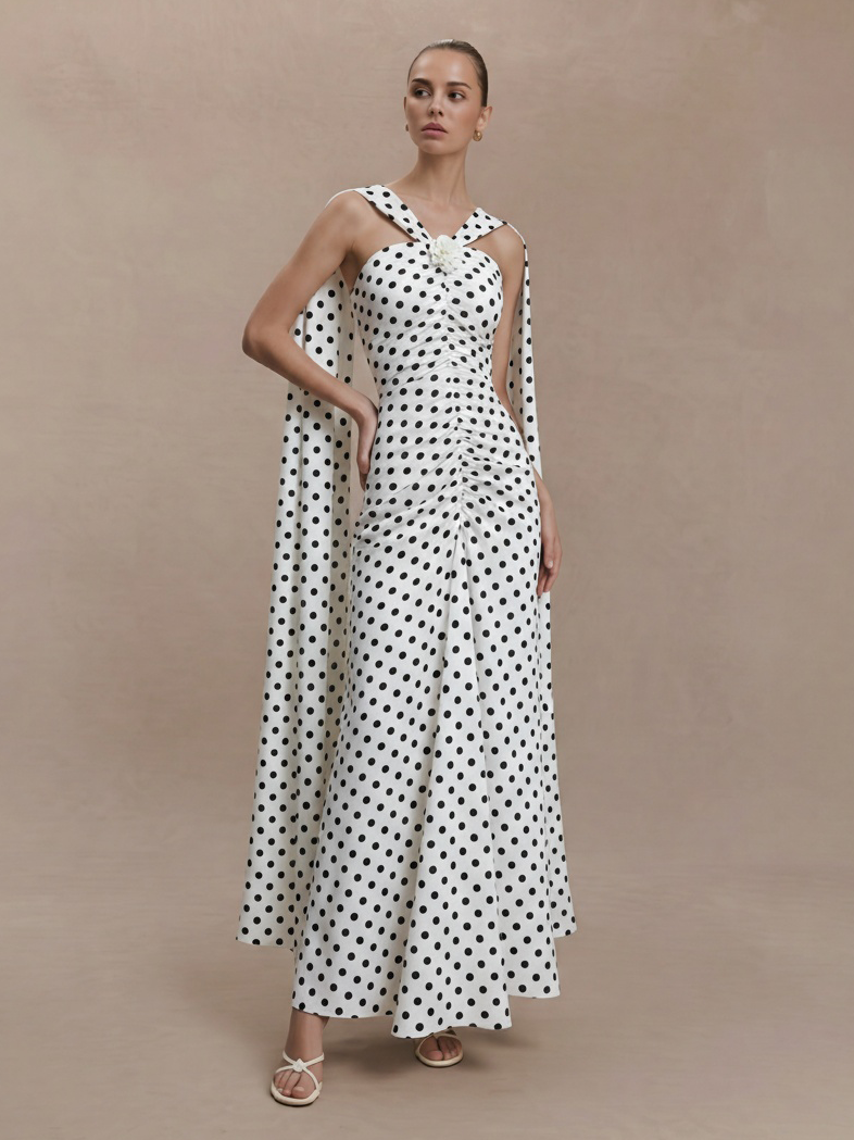 Elegant Hepburn Style Polka Dot Maxi Dress - Halter Neck, Off-Shoulder Sleeves & Shirred Waist