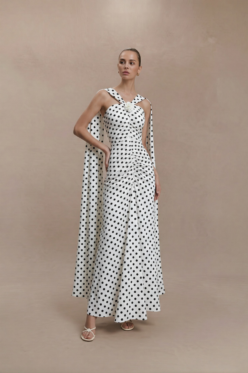 2026 Spring Summer Vintage Hepburn Style Polka Dot Maxi Dress - Halter Neck, Off-Shoulder Sleeves & Shirred Waist-Aetheryn