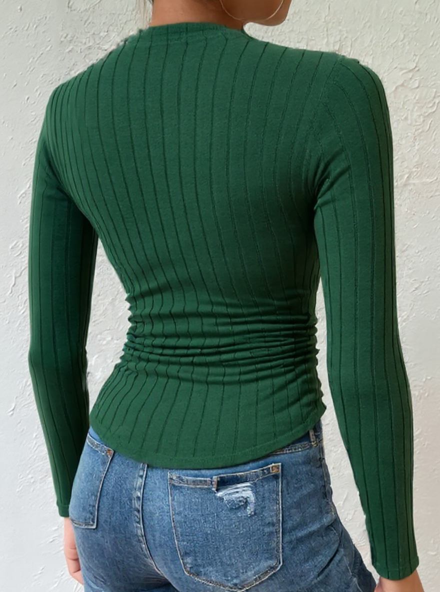 Women's Dark Green Ribbed Mock Neck Long Sleeve Top