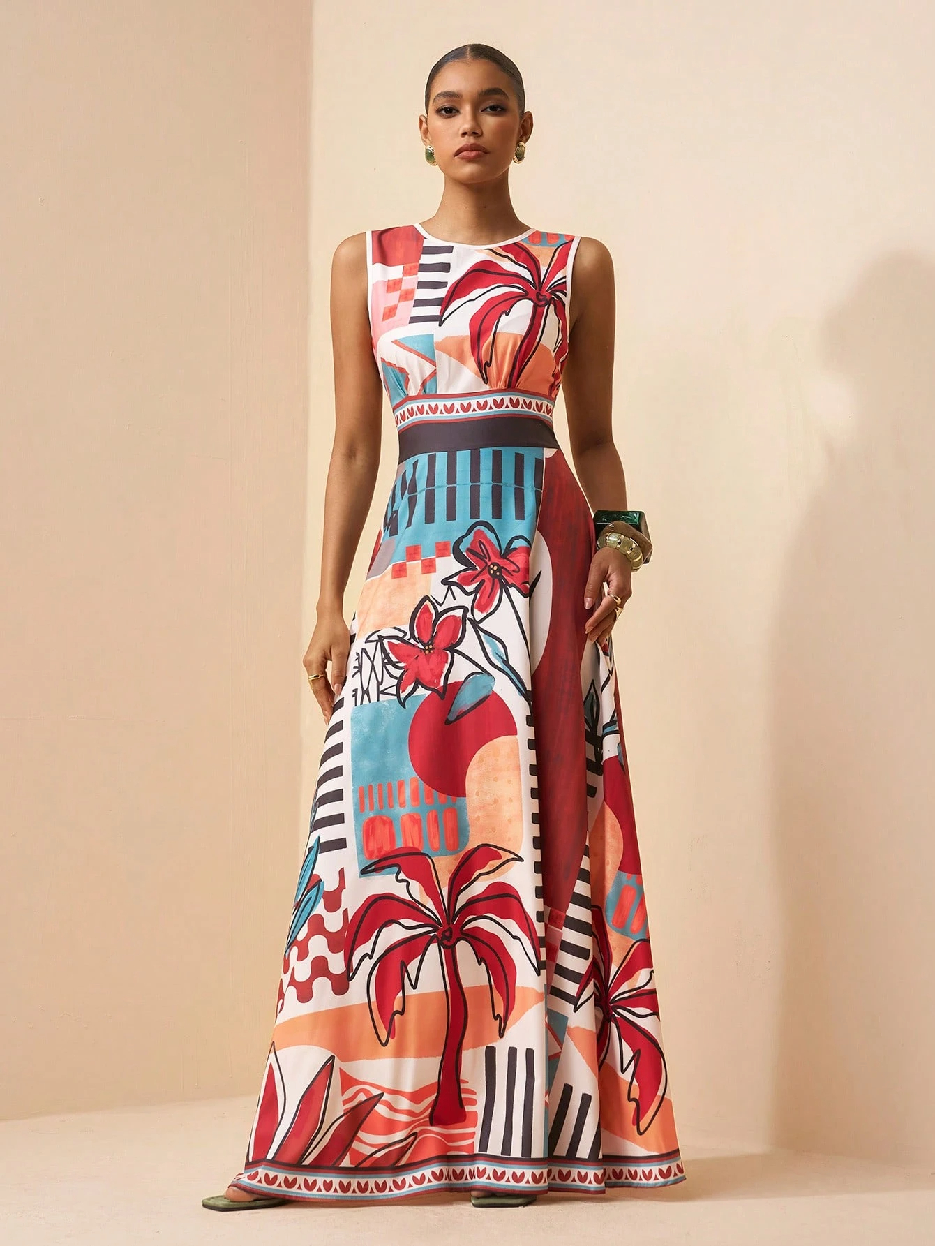 2026 Spring New Sleeveless Art Print Maxi Dress