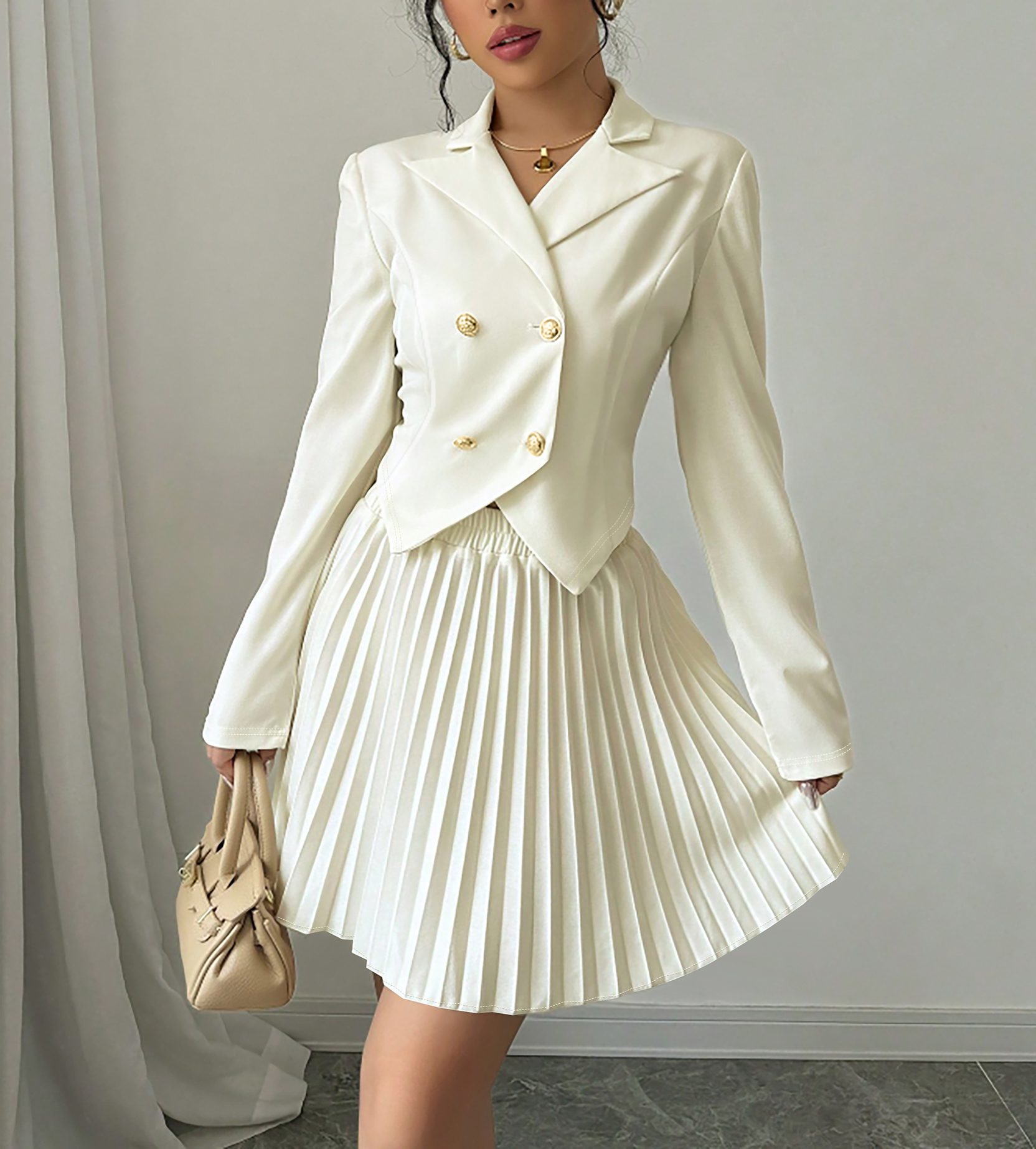Women's White Double-Breasted Blazer and Pleated Mini Skirt Set