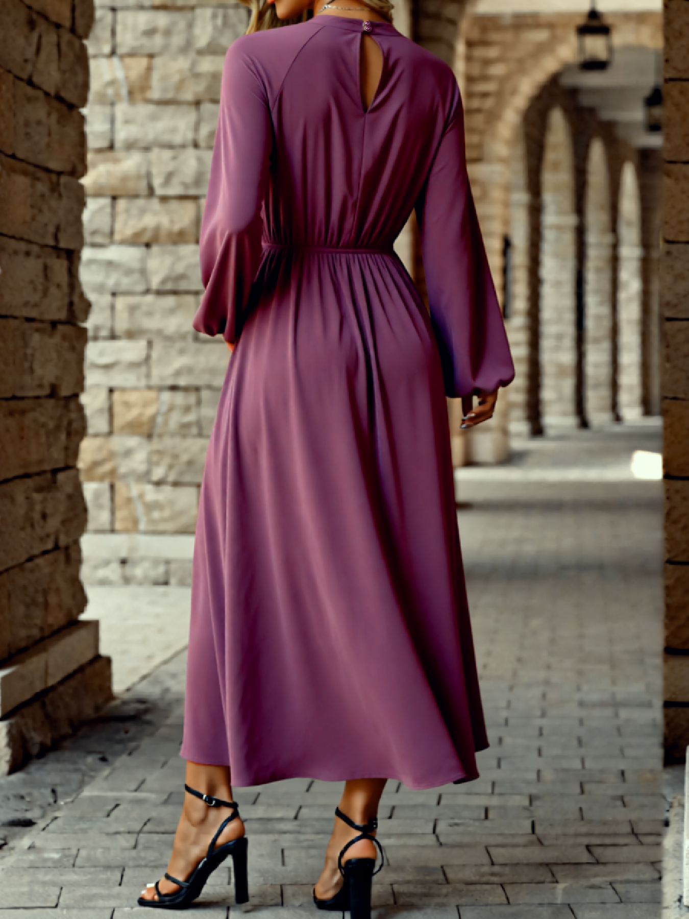 Woman's Plum Satin Keyhole Cutout Lantern Sleeve Midi Dress