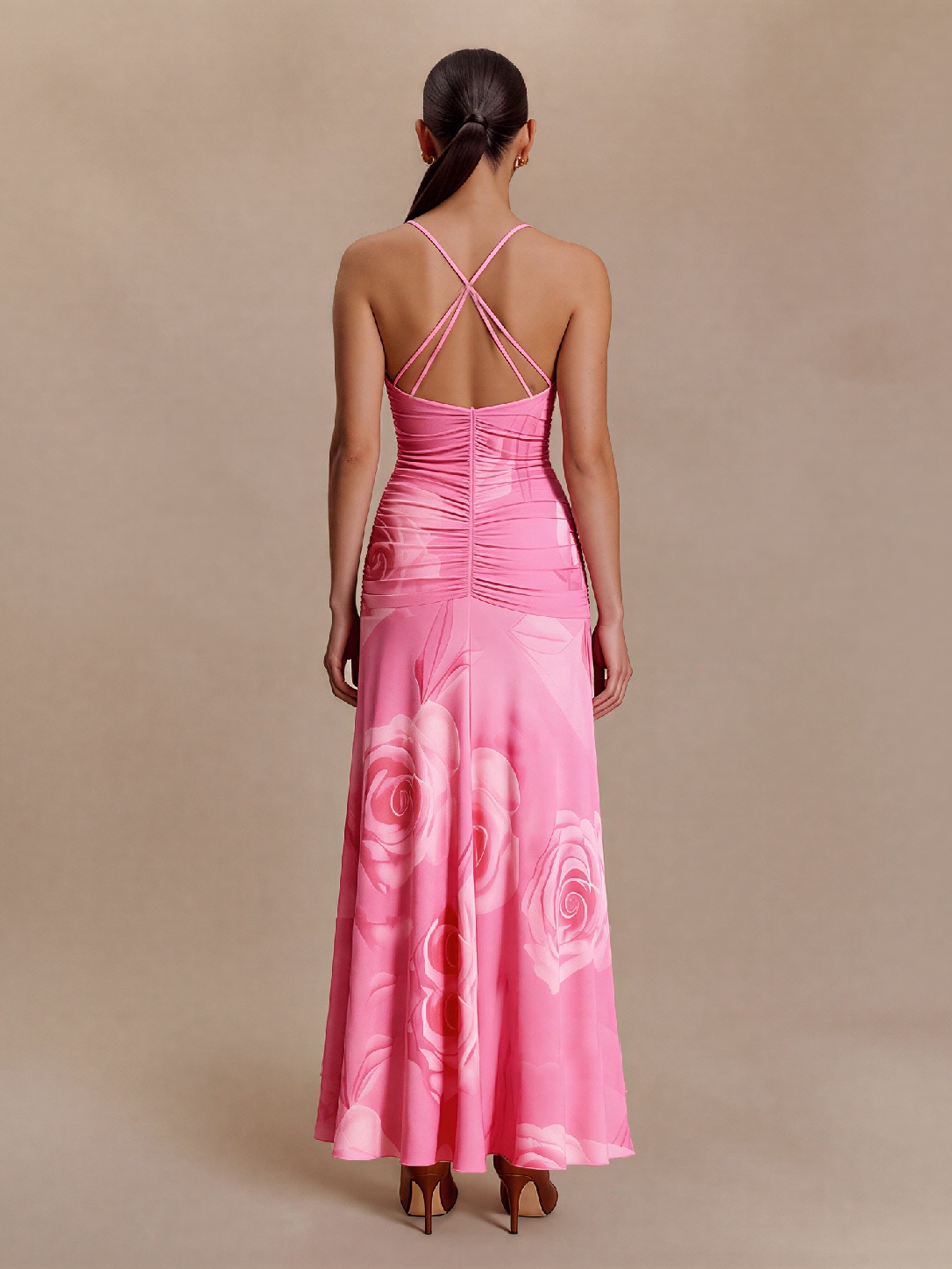 2026 Spring Summer Show-Stopping Magenta Rose Print Maxi Dress - Criss-Cross Open Back & Gathered Waist