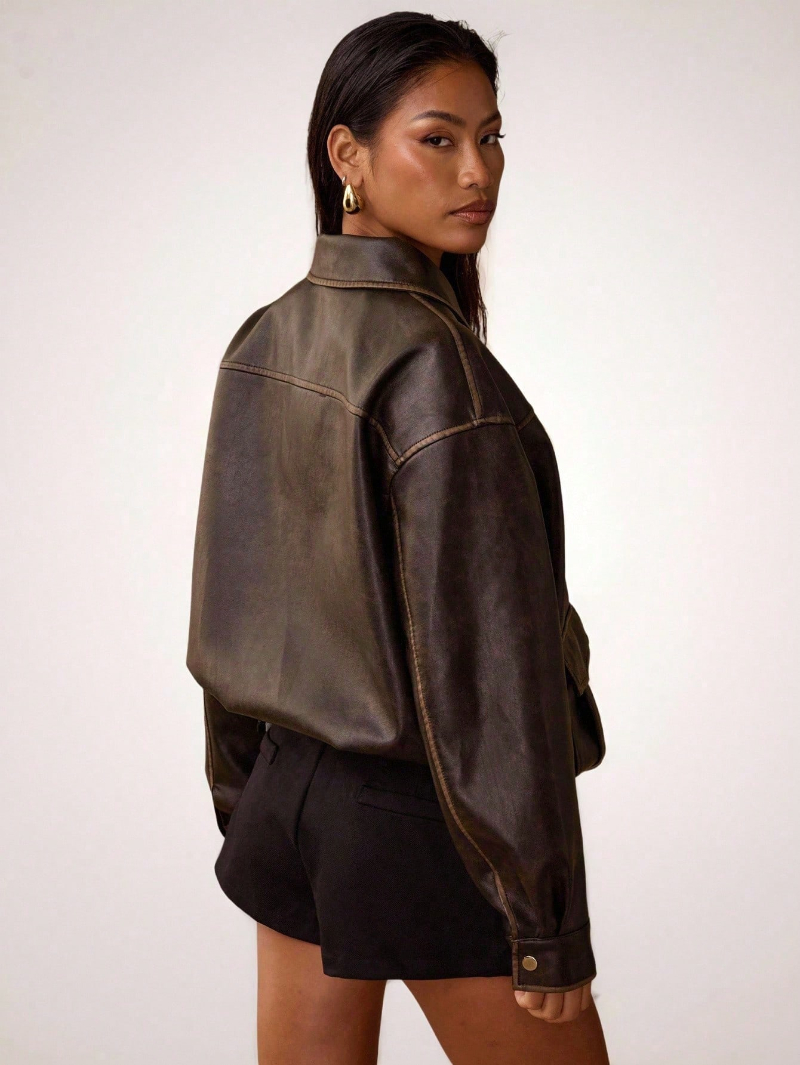 Woman's Vintage Workwear-Style Leather Classic Collar Contrast-Stitch Cropped Jacket