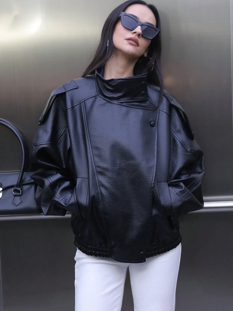 Woman's Leather Stand-Collar Oversized Jacket with Epaulet & Drawstring Hem