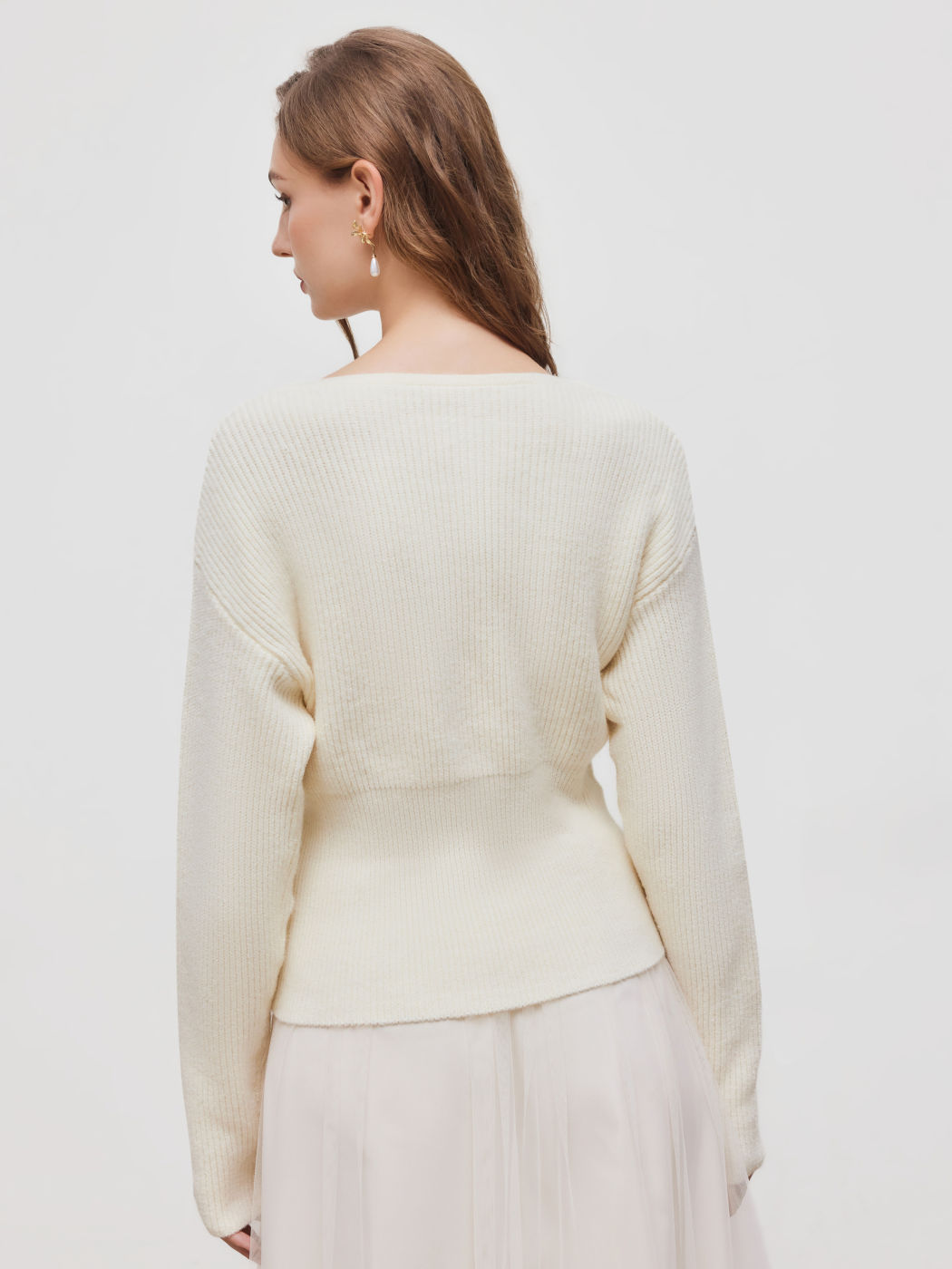 Women's Cream Cross V-Neck Sweater with Lace Trim, Ribbed Knit & Fitted Waist